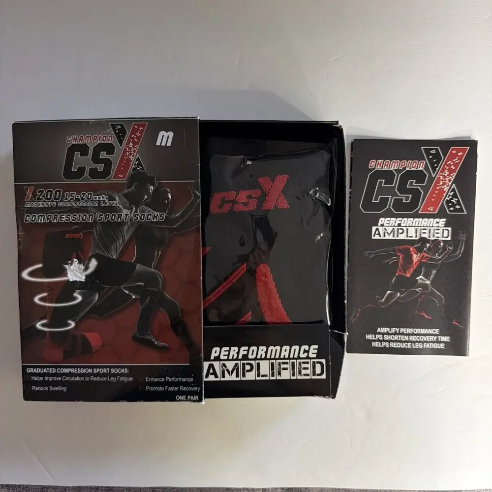 Champion CSX x200BR-M Compression Sport Socks 15-20mmHg Black Red Medium Gift